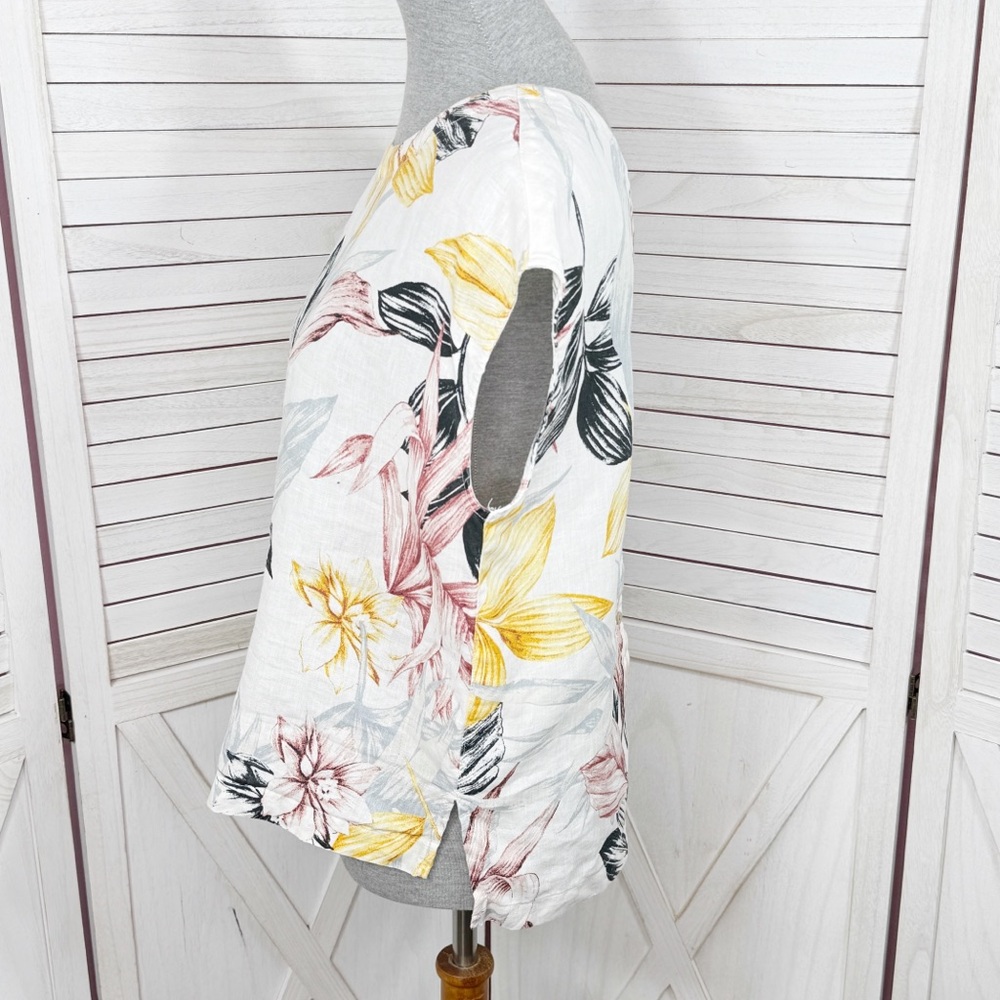C&C California Tropical Palm Print Linen Button Back Shirt White Multi Medium - Picture 2 of 11